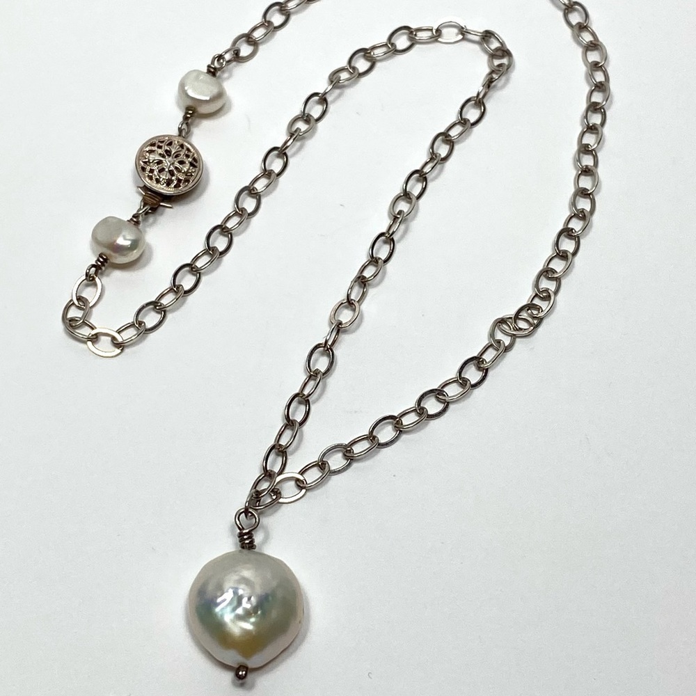 Silver Pearl Necklace 15.5” Jewelry Vintage Artisan 6.47g